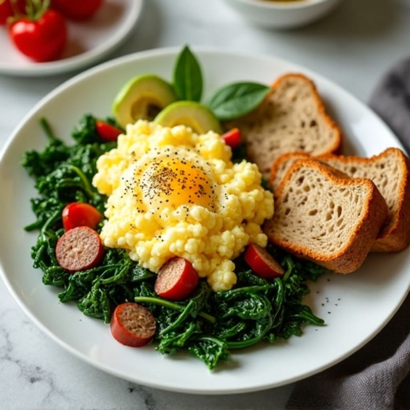 Egg White Scramble with Turkey Sausage, Sautéed Spinach & Toast