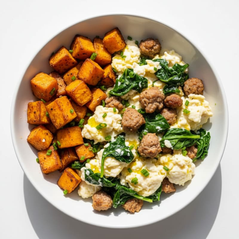 Egg White and Turkey Sausage Scramble with Sautéed Spinach and Roasted Sweet Potato