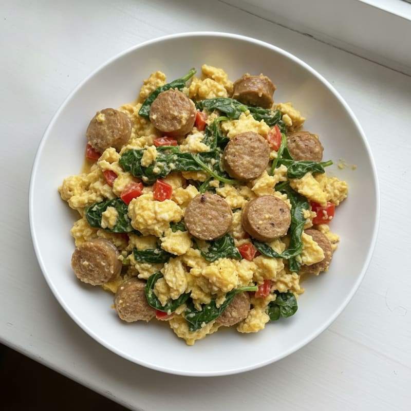 Cottage Cheese Scramble with Spinach and Turkey Sausage