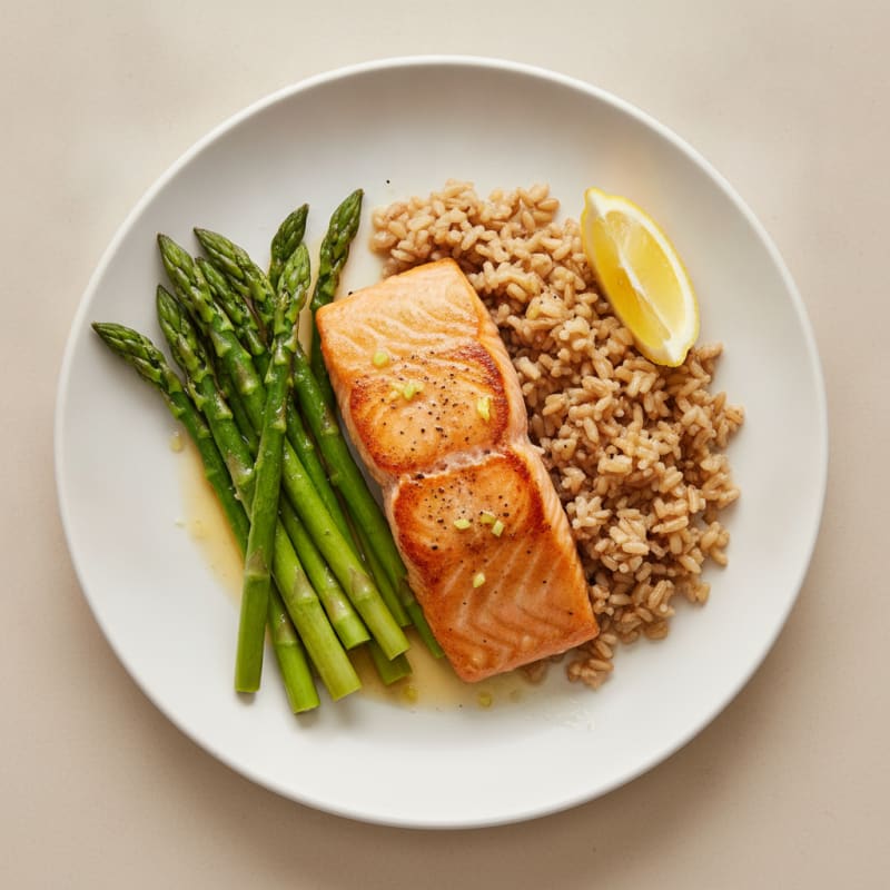 Seared Salmon Fillet with Steamed Asparagus and Brown Rice
