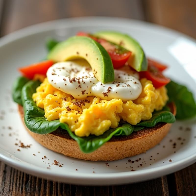Loaded Savory Ezekiel Muffin with Scrambled Eggs and Fresh Avocado