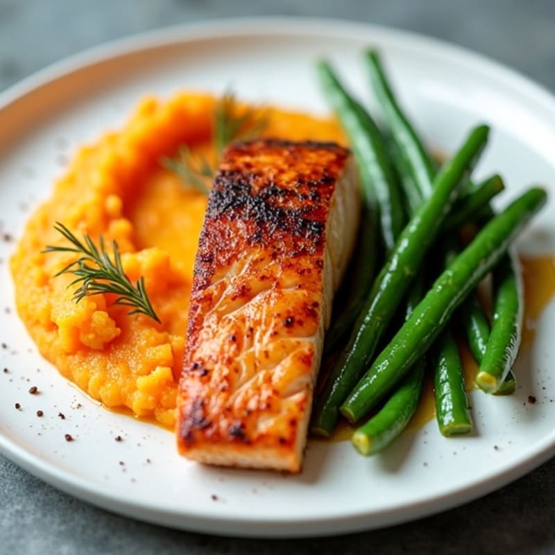 Seared Salmon with Steamed Green Beans and Sweet Potato Mash