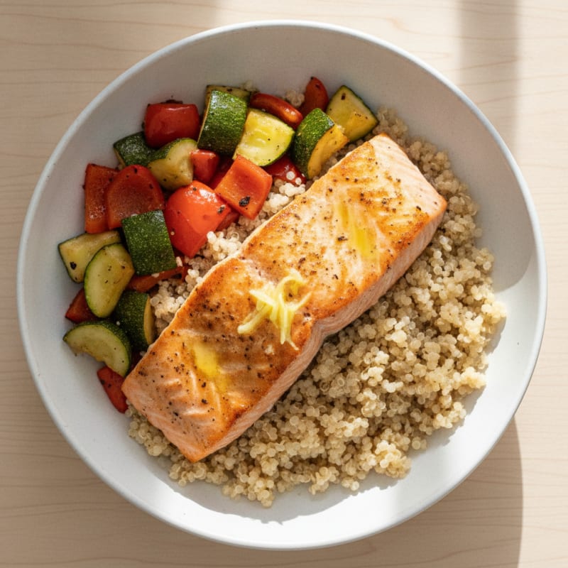 Grilled Salmon Quinoa Bowl with Roasted Vegetables