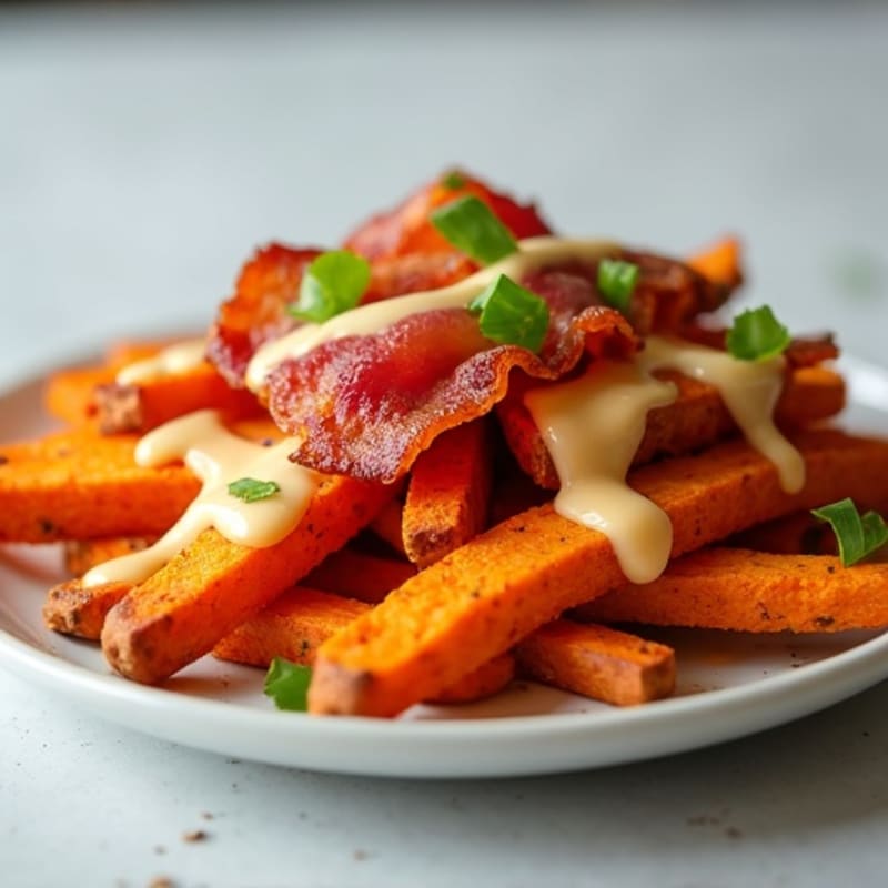 Crispy Sweet Potato Fries with Lean Bacon and Cheesy Sauce