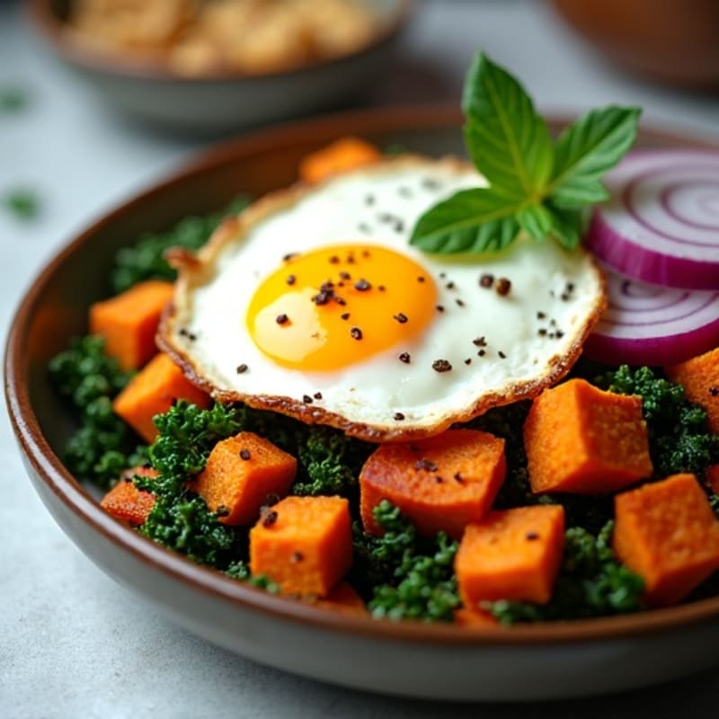 Crispy Sweet Potato and Kale Hash with Fried Eggs