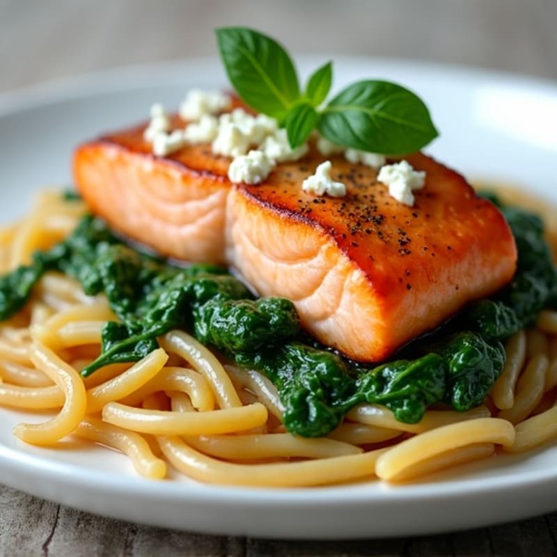 Pan-Seared Salmon with Creamy Garlic Spinach and Whole Wheat Pasta