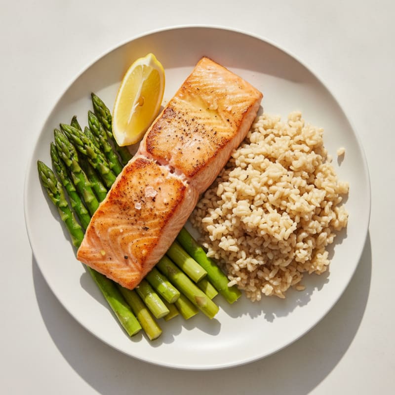 Seared Salmon with Steamed Asparagus and Brown Rice