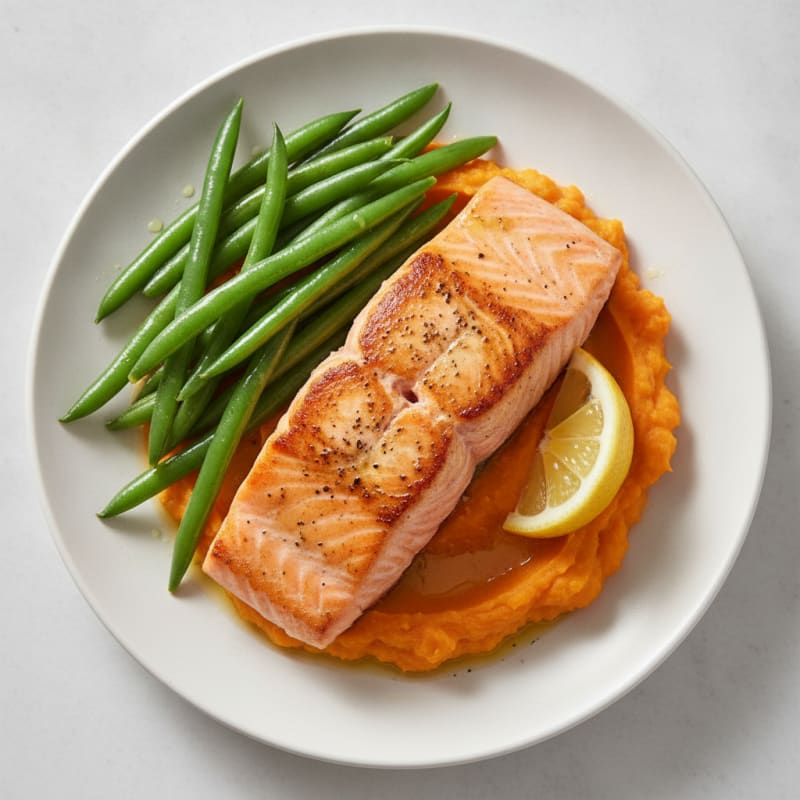 Seared Salmon Fillet with Steamed Green Beans and Sweet Potato Mash