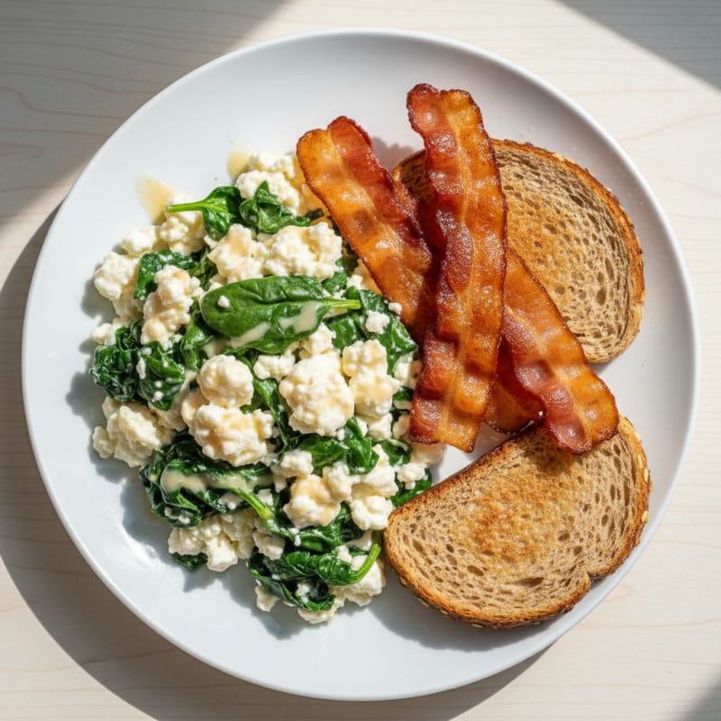Egg White and Cottage Cheese Scramble with Spinach and Turkey Bacon