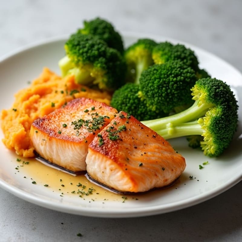Seared Salmon Fillet with Steamed Broccoli and Garlic Mashed Sweet Potatoes