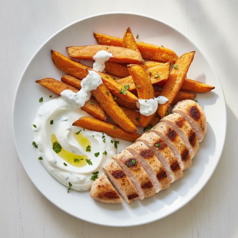 Air-Fried Sweet Potato Fries with Garlic Aioli and Grilled Chicken