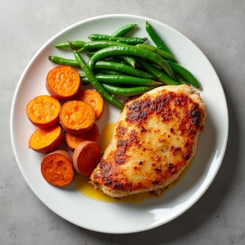 Crispy Pan-Seared Chicken with Roasted Sweet Potatoes and Green Beans