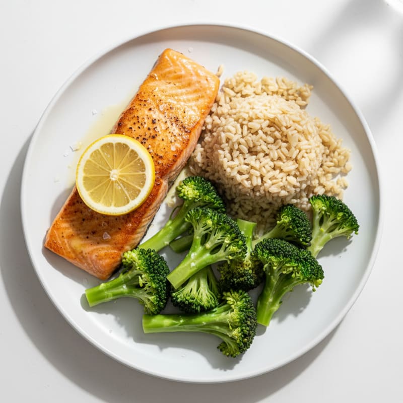 Seared Salmon with Steamed Broccoli and Brown Rice