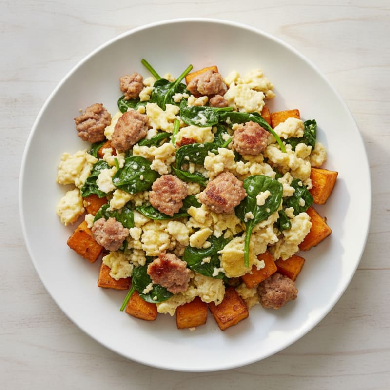 Egg White and Turkey Sausage Scramble with Spinach and Roasted Sweet Potatoes