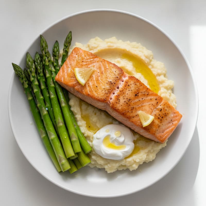 Seared Salmon Fillet with Steamed Asparagus and Cauliflower Mash