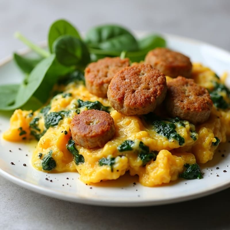 Crispy Chicken Sausage and Egg Scramble with Spinach