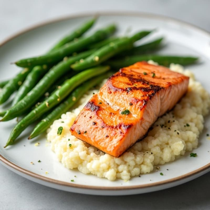 Seared Salmon with Garlic Green Beans and Cauliflower Mash