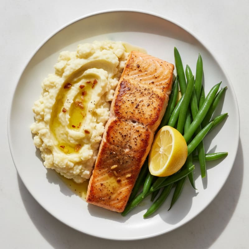 Seared Salmon with Steamed Green Beans and Garlic Mashed Cauliflower