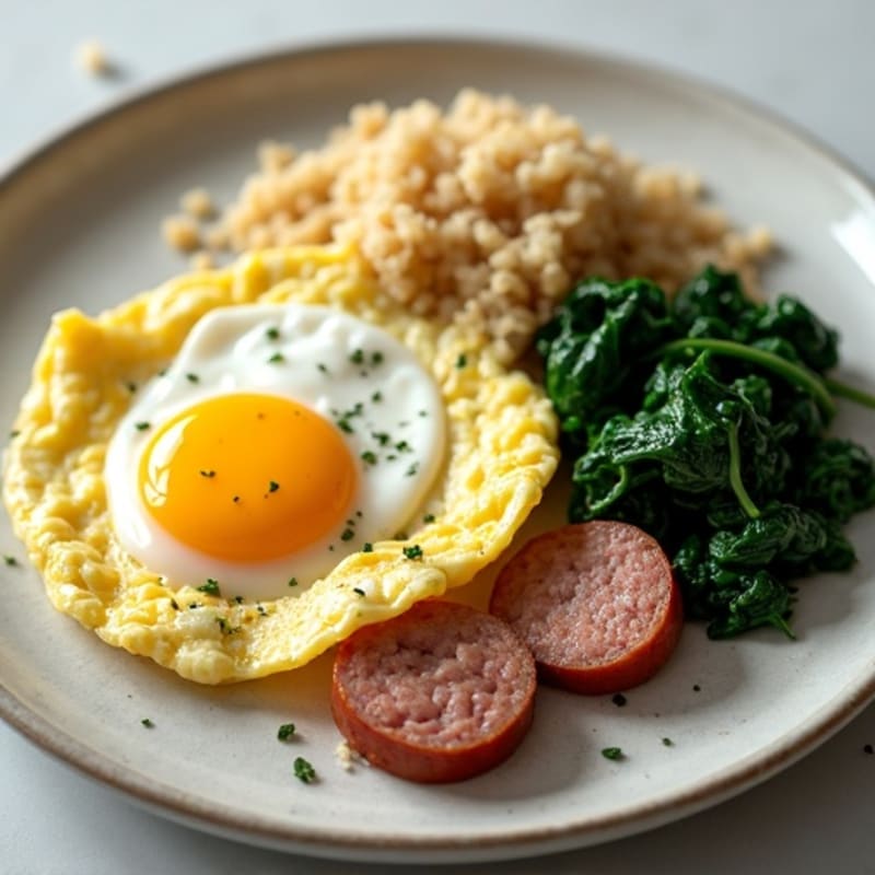 Egg White Scramble with Turkey Sausage, Sautéed Spinach, and Quinoa