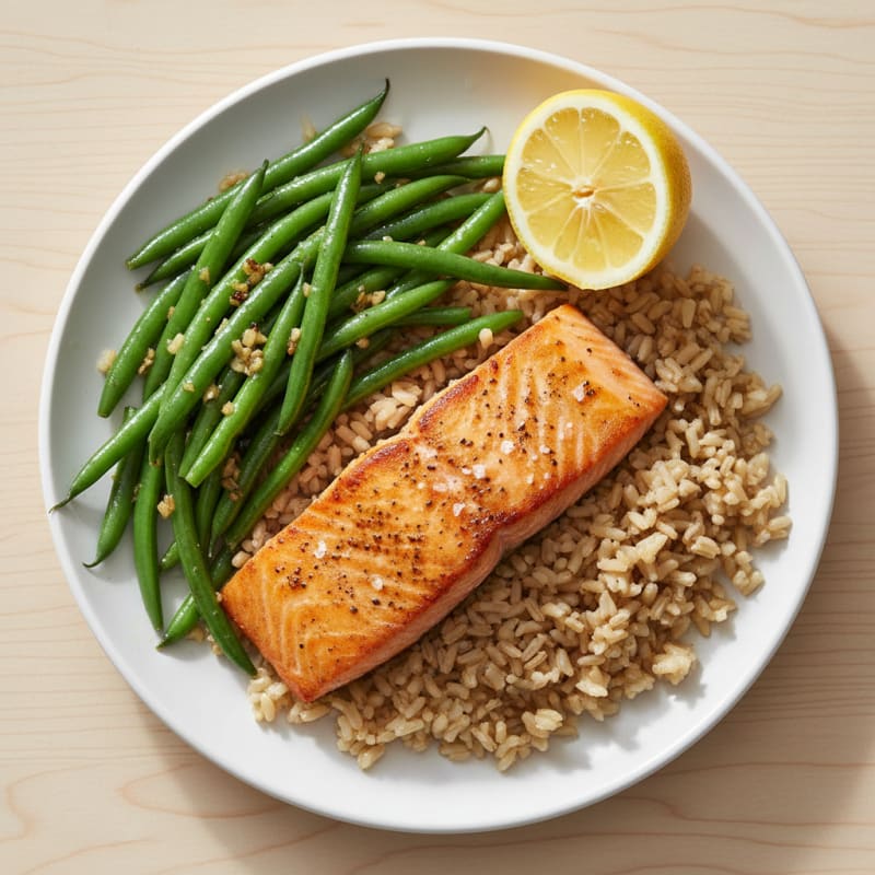 Seared Salmon Fillet with Garlic Green Beans and Brown Rice