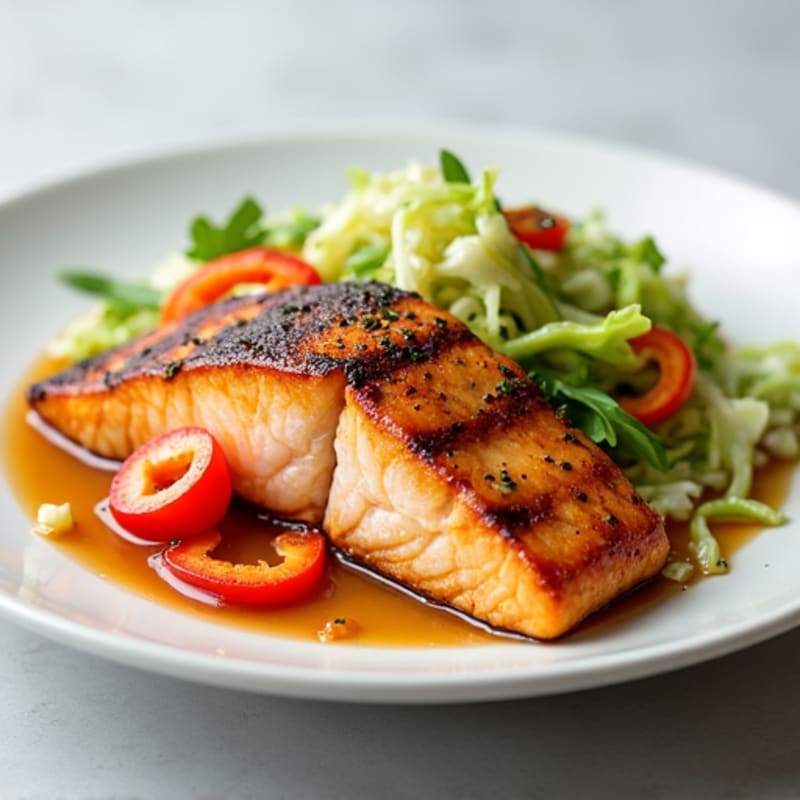 Seared Salmon Fillet with Steamed Cabbage and Peppers