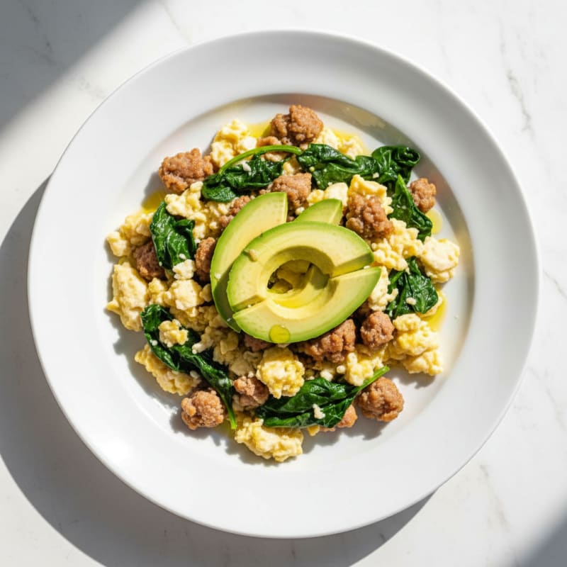 Egg White and Turkey Sausage Scramble with Sautéed Spinach