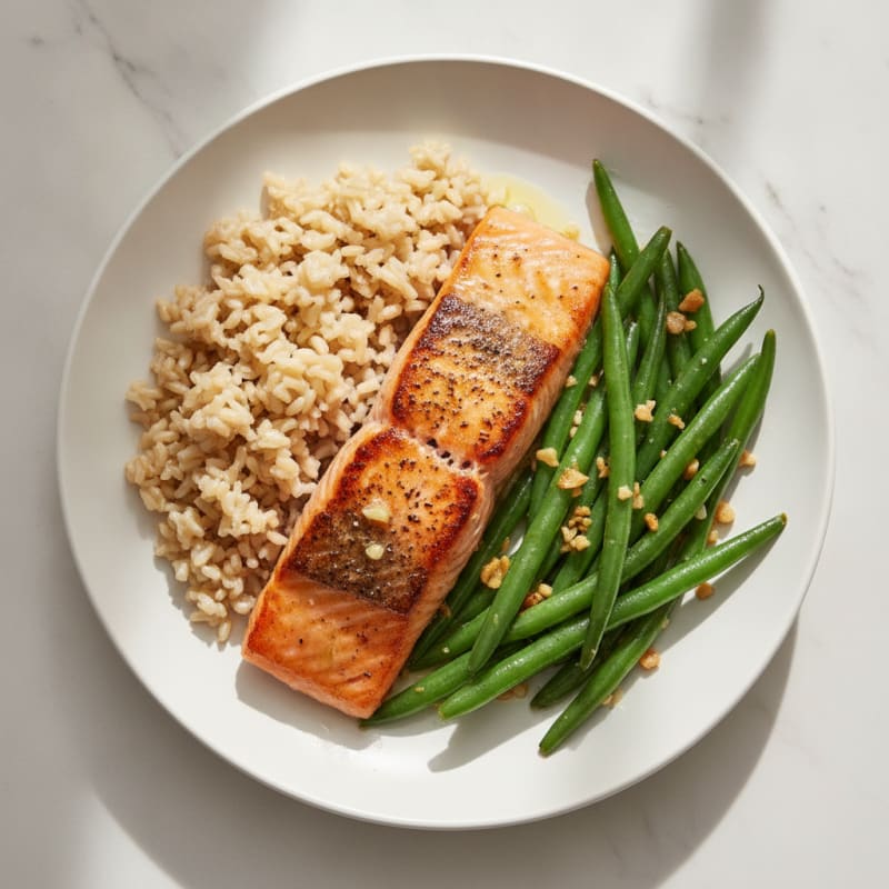 Seared Salmon with Garlic Green Beans and Brown Rice