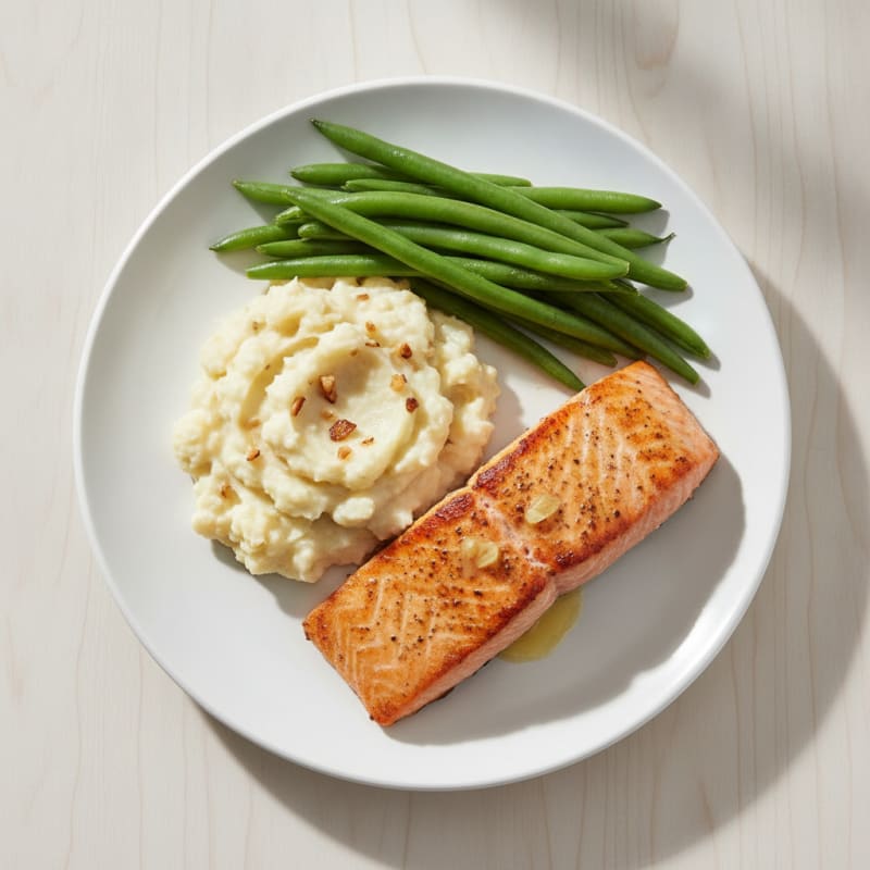 Seared Salmon with Steamed Green Beans and Garlic Mashed Cauliflower