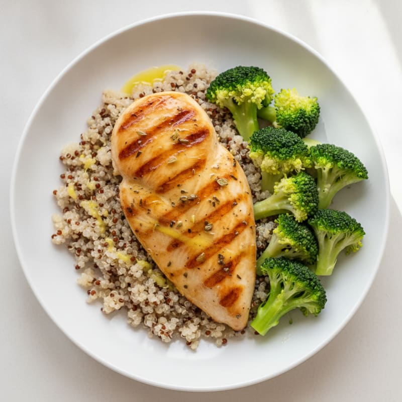 Grilled Lemon Herb Chicken Breast with Quinoa and Steamed Broccoli