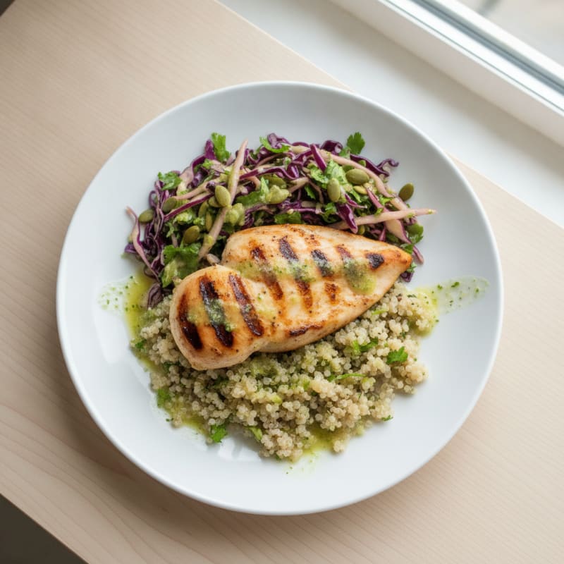 Grilled Chicken Breast with Quinoa and Crunchy Cabbage Slaw