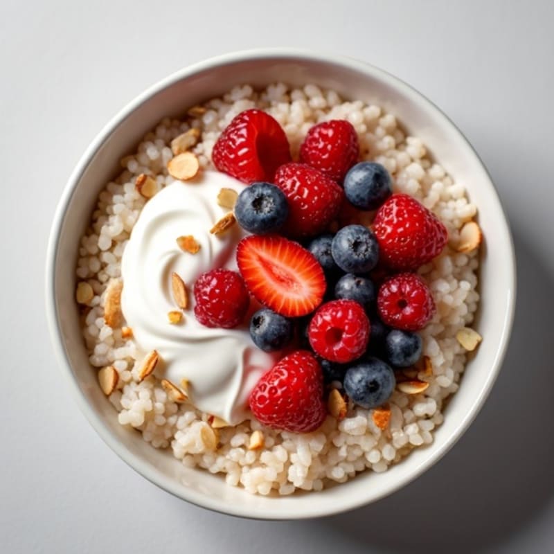 Creamy Protein Rice Porridge with Fresh Berries and Crunchy Almonds