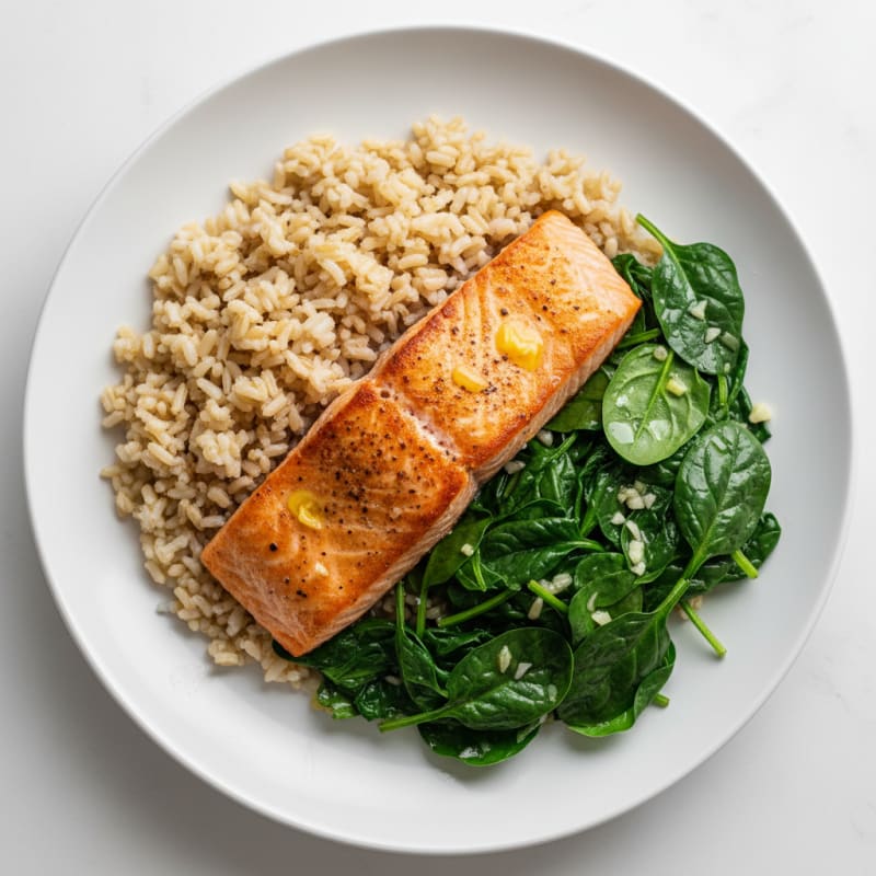 Seared Salmon Fillet with Garlic Spinach and Brown Rice