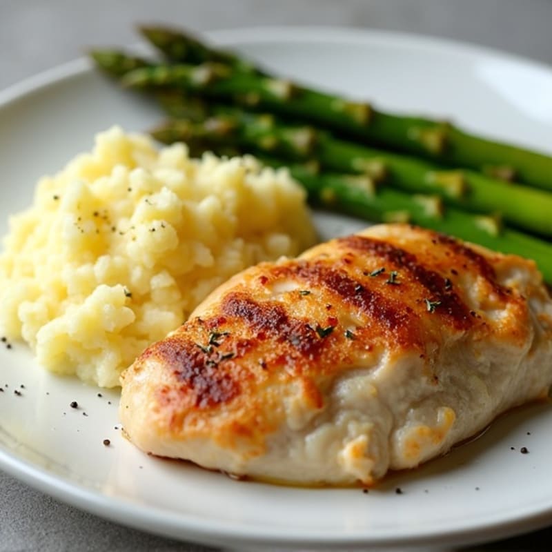 Pan-Seared Chicken with Creamy Buttery Garlic Mashed Potatoes and Roasted Asparagus