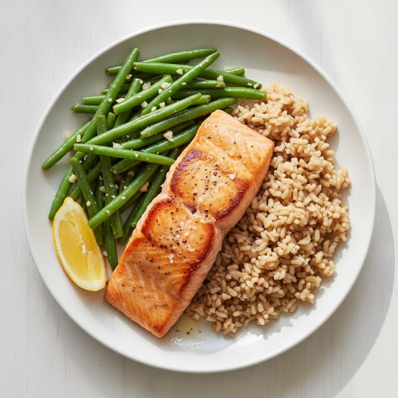 Seared Salmon with Garlic Green Beans and Brown Rice