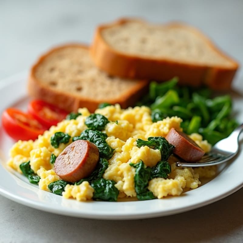 Egg White Scramble with Turkey Sausage and Sautéed Spinach