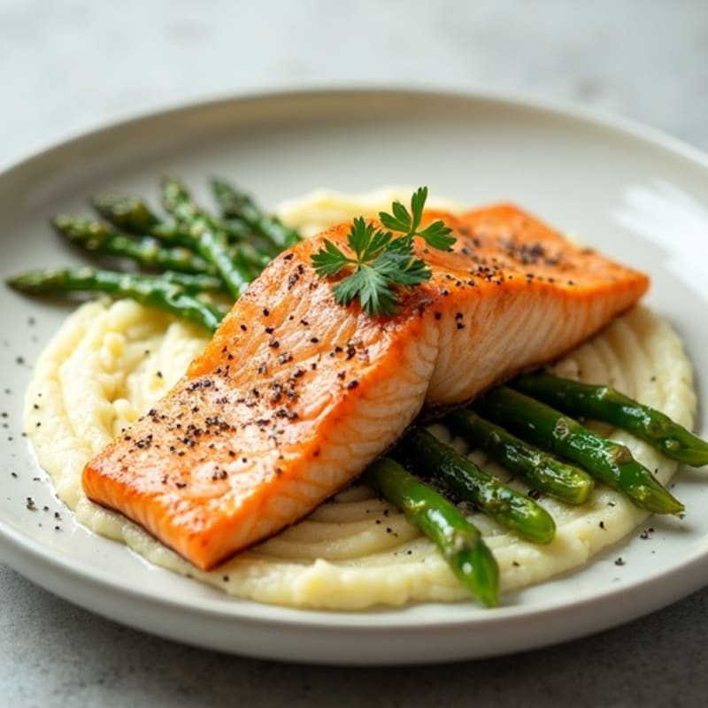 Seared Salmon with Steamed Asparagus and Garlic Cauliflower Mash