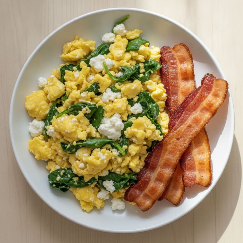 Cottage Cheese Egg Scramble with Spinach and Turkey Bacon