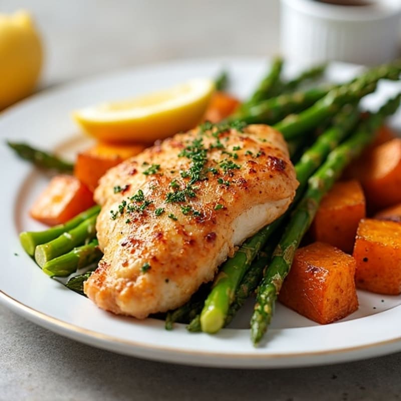 Crispy Lemon-Herb Roasted Chicken with Roasted Asparagus and Sweet Potatoes
