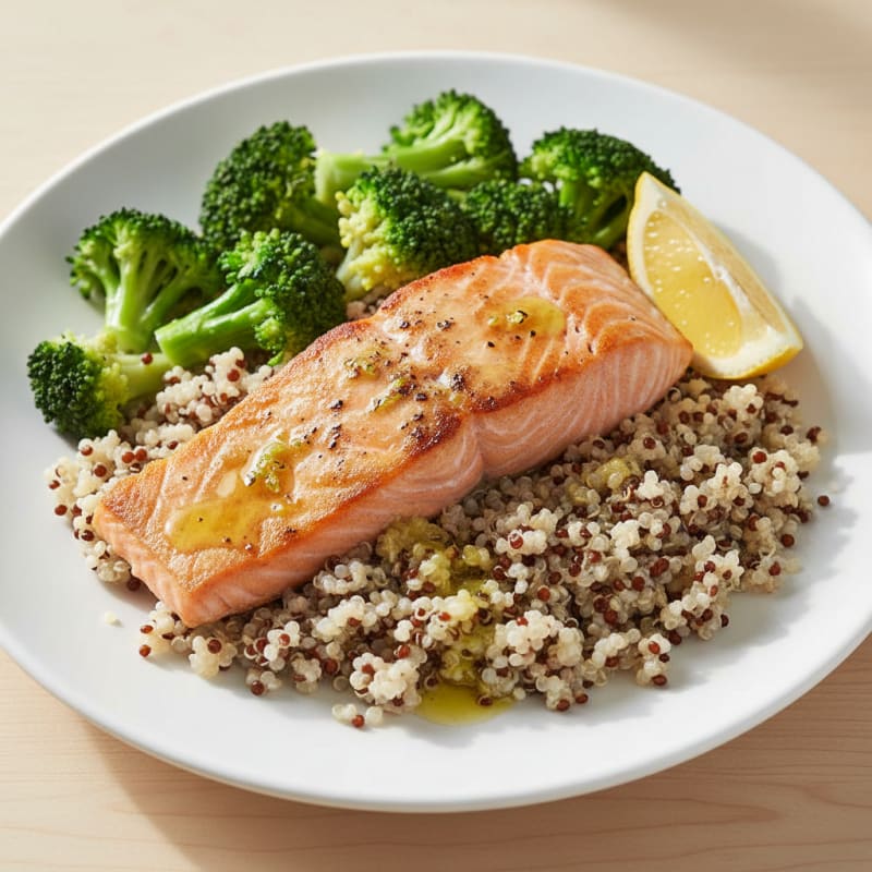 Seared Salmon with Steamed Broccoli and Quinoa