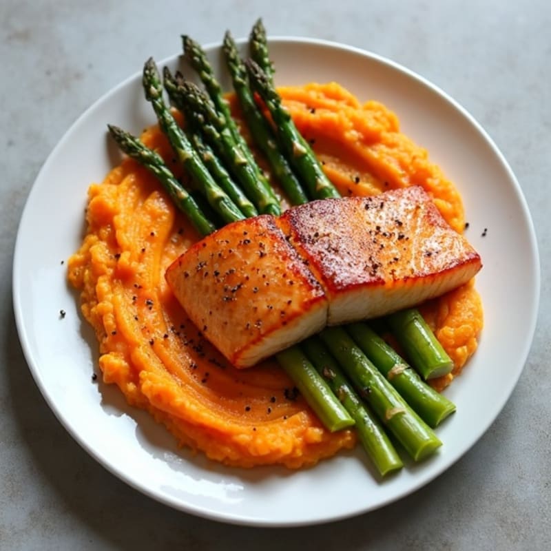 Seared Salmon Fillet with Roasted Asparagus and Sweet Potato Mash