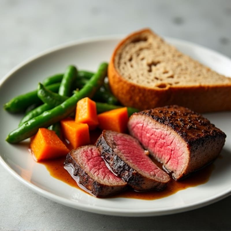 Seared Lean Beef with Roasted Sweet Potatoes, Steamed Green Beans & Whole Wheat Bread