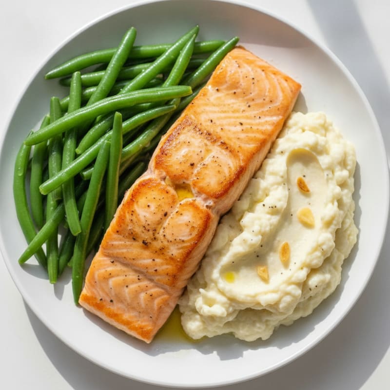 Seared Salmon with Steamed Green Beans and Garlic Mashed Cauliflower