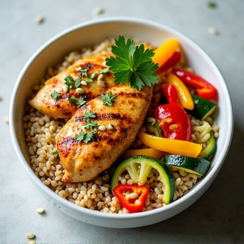 Grilled Chicken and Veggie Rice Bowl with Cilantro-Lime Dressing