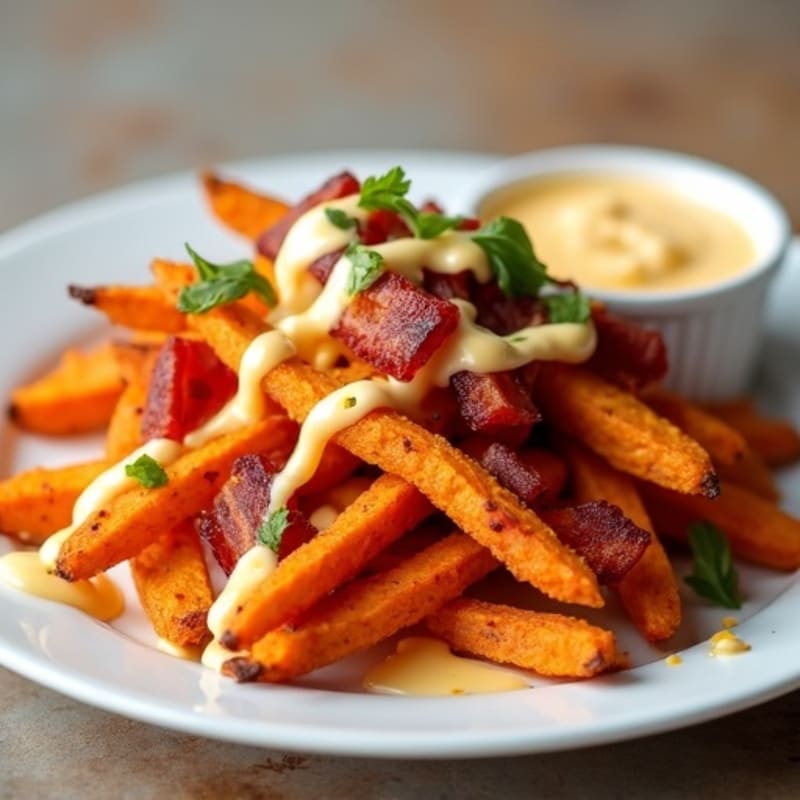 Roasted Sweet Potato Fries with Crispy Bacon and Creamy Cheese Sauce
