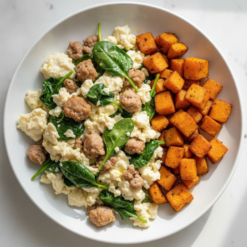 Egg White and Turkey Sausage Scramble with Spinach and Roasted Sweet Potato