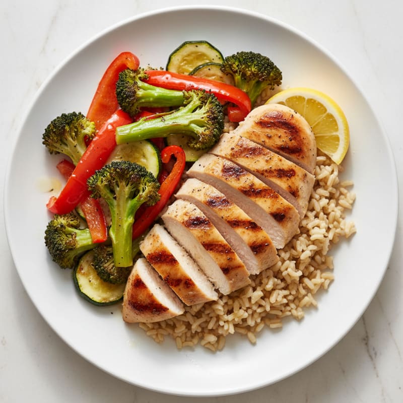 Grilled Chicken Breast with Brown Rice and Roasted Vegetables