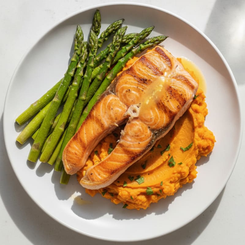 Seared Salmon Fillet with Roasted Asparagus and Sweet Potato Mash