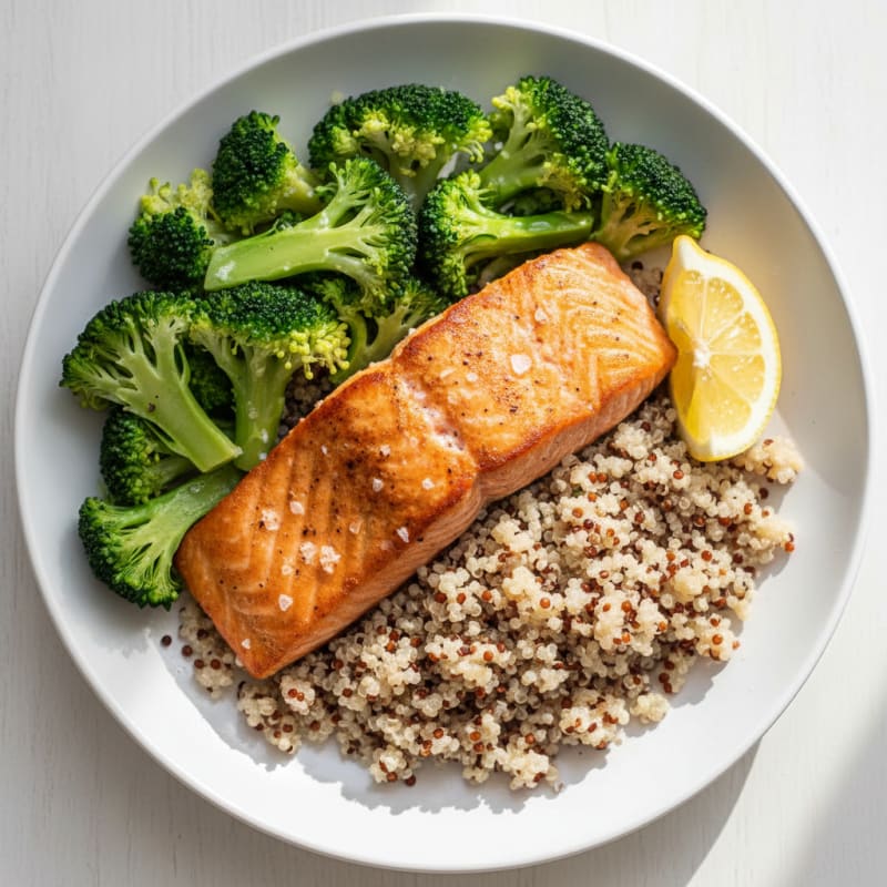 Seared Salmon with Steamed Broccoli and Quinoa