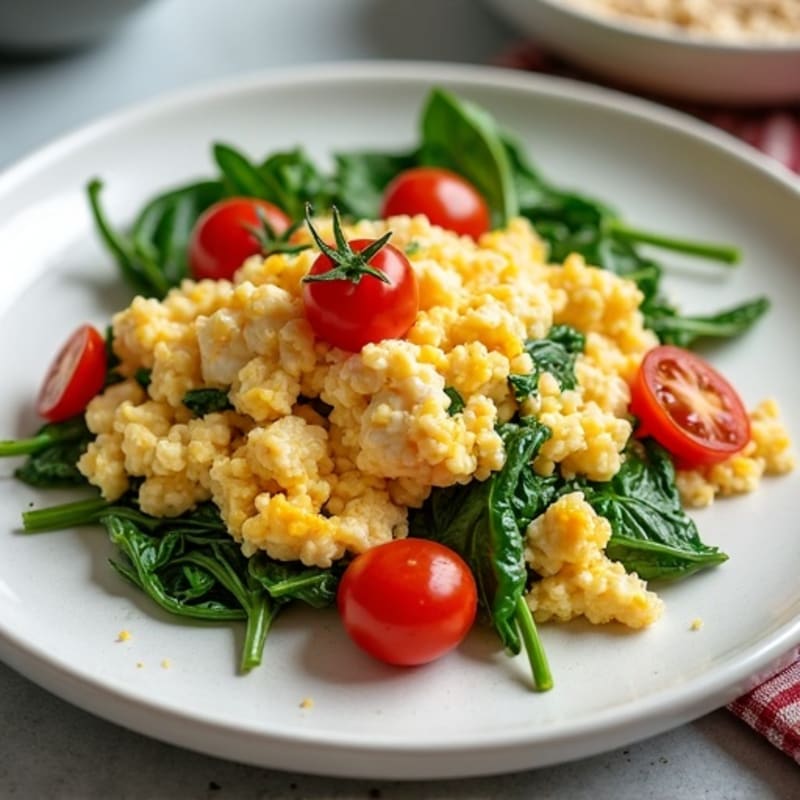 Cottage Cheese Scramble with Spinach, Cherry Tomatoes & Oatmeal