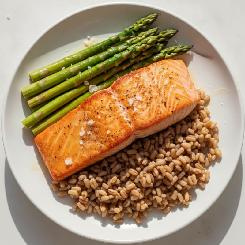 Seared Salmon with Steamed Asparagus and Brown Rice